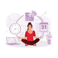 ung affärskvinna Sammanträde i en yoga utgör, mediterar med en tid förvaltning bakgrund. tid förvaltning begrepp. trend modern vektor platt illustration