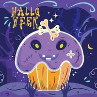 Lycklig halloween söt zombie kaka i de skog av skräck vektor