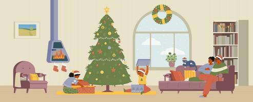 Weihnachten Morgen afrikanisch amerikanisch Familie Versammlung eben Vektor Illustration. Kinder Öffnung Geschenke, Eltern Sitzung auf das Couch. Leben Zimmer Innere mit Weihnachten Dekorationen.