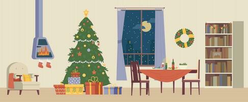 levande rum interiör med jul dekorationer platt vektor illustration. jul eve med dekorerad jul träd med närvarande lådor, öppen spis med strumpor och tabell serveras.