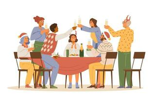 Weihnachten Party beim Zuhause eben Vektor Illustration. freunde beim Abendessen Tabelle mit Brille von Champagner Lachen und Herstellung ein Toast.