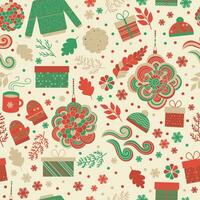 sömlös mönster för jul med röd och grön gåvor, dekor, mysigt kläder och snöflingor vektor