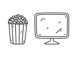 Fernseher mit Popcorn isoliert auf Weiß Hintergrund. Aufpassen ein Film beim heim. Vektor handgemalt Illustration im Gekritzel Stil. perfekt zum Logo, Dekorationen, verschiedene Entwürfe.