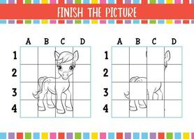 barn pedagogisk färg bok sidor Avsluta de bild av söt tecknad serie häst roligt vektor