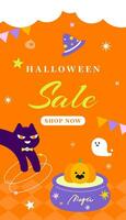 halloween försäljning affisch baner vektor illustration mall. pumpa häxa cirkus fest ballonger hemsida social media