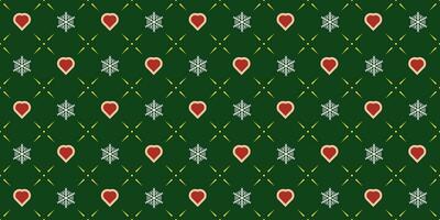 sömlös mönster vit hjärtan, stjärnor och snöflingor på grön bakgrund. jul bakgrund vektor illustration. upprepad bakgrund för omslag papper, textil, tyg, baner, affisch.