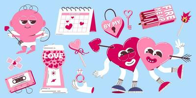 söt hjärta och cupid tecken för hjärtans dag i retro tecknad serie stil. färgrik rosa ClipArt av annorlunda element för hjärtans dag. trendig maskot design. vektor