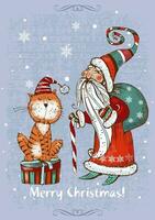 Weihnachten Karte. Santa claus und ein komisch Katze. Vektor. vektor