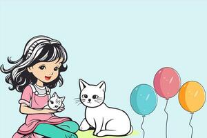 katt dag kopia spcae baner liten flicka spelar med söt katt och ballonger. Lycklig djur vänskap mellan människor och katter. inhemsk djur och husdjur mjau dag Semester firande. katt dag klistermärke. vektor