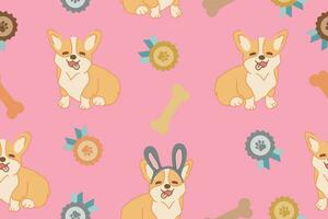 nahtlos Muster mit Karikatur Corgi Hund Muster und Medaillen. Vektor Illustration auf ein Rosa Hintergrund.
