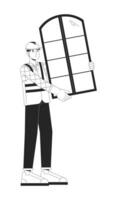 caucasian konstruktion arbetstagare innehav fönster svart och vit 2d linje tecknad serie karaktär. europeisk manlig entreprenör isolerat vektor översikt person. byggnad hantlangare enfärgad platt fläck illustration