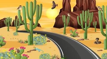 Straße durch die Wüstenwaldlandschaftsszene mit Wüstentieren vektor