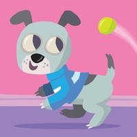 Hund im blauen Pullover, der einen Ball jagt vektor