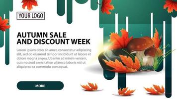 Herbstschlussverkauf und Rabattwoche, Banner mit Pilzen und Herbstblättern vektor
