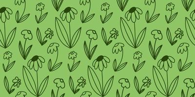 Vektor nahtlose Muster von Blumendoodle im Umriss auf Grün