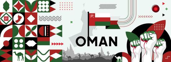 oman nationell eller oberoende dag abstrakt baner design med flagga och Karta. flagga Färg tema geometrisk mönster retro modern illustration design. vektor