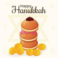 hanukkah firande hälsning kort med traditionell efterrätt och mynt. vektor