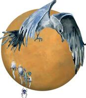 gotisch Komposition mit Gelb Mond, fliegend Rabe Aquarell Illustration isoliert auf Weiß. Pilz, schwarz Krähe, Spinne Hand gezeichnet. Design Element zum Karte, drucken, Halloween Poster vektor