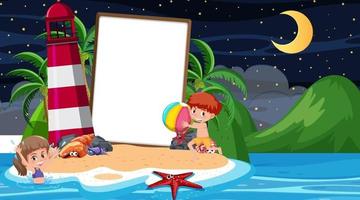 Kinder im Urlaub an der Strandnachtszene mit einem leeren Banner vektor