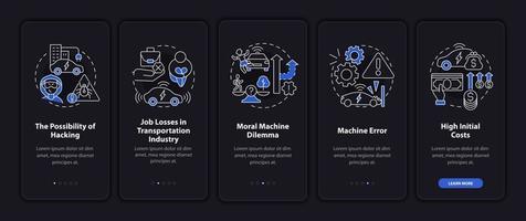 Autonome Autos Nachteile beim Onboarding mobiler App-Seitenbildschirm. vektor