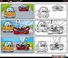 Cartoon Comic-Geschichte mit Autos Charaktere Malbuchseite vektor
