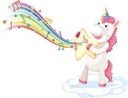 süßes Einhorn steht auf der Wolke mit Melodiesymbolen auf Regenbogen vektor