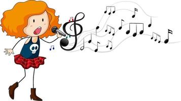 doodle seriefigur av en sångerska med melodisymboler vektor