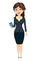 Geschäftsfrau, die mit Smartphone steht. süße Zeichentrickfigur vektor