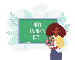 alles Gute zum Lehrertag. schwarze Lehrerin mit Blumen im Klassenzimmer. vektor