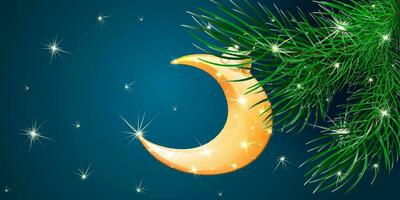 Grün Tanne Baum Ast mit hängend golden glänzend Mond gestalten Weihnachten Ornament vektor