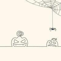 komisch Kürbisse und Spinne mit Spinne Netz Gekritzel Linie kindisch Stil Vektor Illustration. glücklich Halloween Gruß Karte Vorlage.