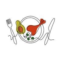förenklad bild av gott måltid. middag i linje konst stil. beredd kyckling kycklingben, avokado, ärtor på en tallrik. översikt vektor illustration.
