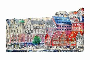 bergen Vestland Norwegen Aquarell Hand gezeichnet Illustration isoliert auf Weiß Hintergrund vektor