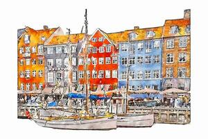 Kopenhagen Dänemark Aquarell Hand gezeichnet Illustration isoliert auf Weiß Hintergrund vektor