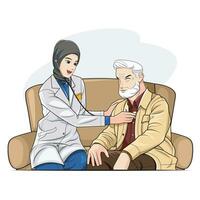 kvinna läkare i en hijab kontroll hjärtslag granskning äldre pensionerad man på Hem. vektor illustration proffs ladda ner