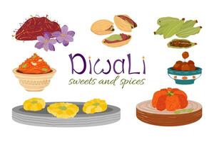 uppsättning av festlig diwali ClipArt för design. diwali mithai, sötsaker och kryddor. kardemumma, saffran, pistasch, gulab jamun, morot hallå, gajar ka hallå, sooji ka hallå, kesar peda vektor