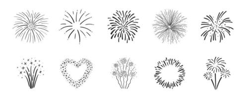 Hand gezeichnet einfarbig Feuerwerk Satz. Festival Feuerwerk Explosionen, schwarz und Weiß platzen Illustration vektor