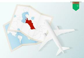 resa till turkmenistan, topp se flygplan med Karta och flagga av turkmenistan. vektor