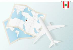 Reise zu Libanon, oben Aussicht Flugzeug mit Karte und Flagge von Libanon. vektor