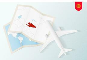 Reise zu Kirgistan, oben Aussicht Flugzeug mit Karte und Flagge von Kirgistan. vektor