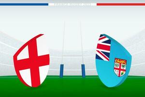 Viertelfinale Spiel zwischen England und Fidschi, Illustration von Rugby Flagge Symbol auf Rugby Stadion. vektor