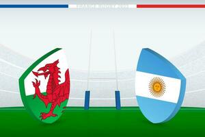 Viertelfinale Spiel zwischen Wales und Argentinien, Illustration von Rugby Flagge Symbol auf Rugby Stadion. vektor