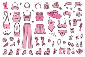 rosa mode uppsättning, rosa docka estetisk Tillbehör, kosmetika och kläder. vektor illustration. vektor illustration