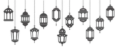 Ramadan Laternen Vektor Satz. islamisch Lampen mit Sterne Dekoration. Muslim Ornament Elemente auf Weiß Hintergrund. traditionell Silhouette zum Ferien