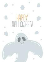 glücklich Halloween Postkarte mit fliegend lächelnd Geist. Halloween Beschriftung. Vektor Einladung zum Kinder Party