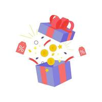 Überraschung öffnen Geschenk Box mit Rosa Band, Konfetti, Rabatt Gutschein und Münzen Vektor Illustration