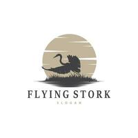 Storch Vogel Logo, Reiher, Gras, und Fluss Design, Vektor einfach Vorlage Illustration