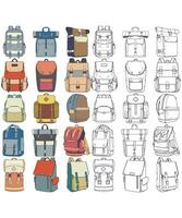 Hand gezeichnet bunt Vektor einstellen von Rucksäcke. Karikatur beiläufig Rucksack, cool Rucksack bunt. Rucksäcke Vektor Illustration.