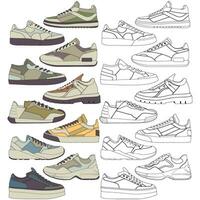 einstellen von Schuhe Sneaker Zeichnung Vektor, Turnschuhe gezeichnet im ein skizzieren Stil, Bündelung Turnschuhe Sportschuhe Vorlage, Vektor Illustration.