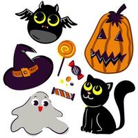 Hand Zeichnung Halloween Vektor Karikatur einstellen mit süß Illustration von Schläger, Katze, Hut, Geist.